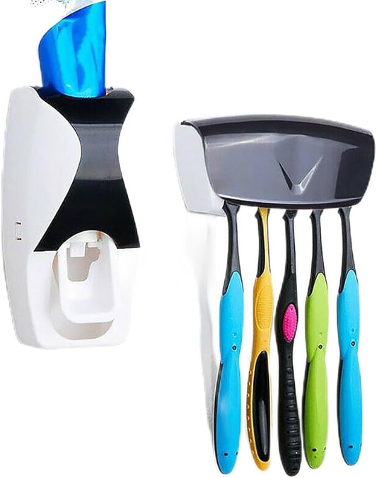 Fashion Home Bathroom Automatic Toothpaste Dispenser + 5pcs Toothbrush Holder Set Family Set Wall Mount Rack Bath Oral